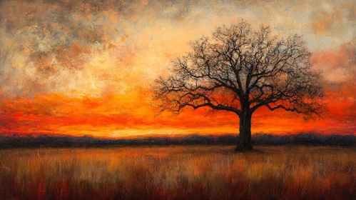 Fiery Sky Over Tree and Field at Sunset