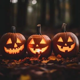 Glowing Halloween Pumpkins Amidst Autumn Leaves