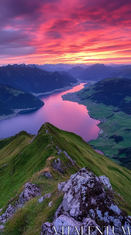 Breathtaking Sunset Over Mountain and Lake AI Image