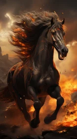 Black Horse in Fiery Landscape - Fantasy Realism Art