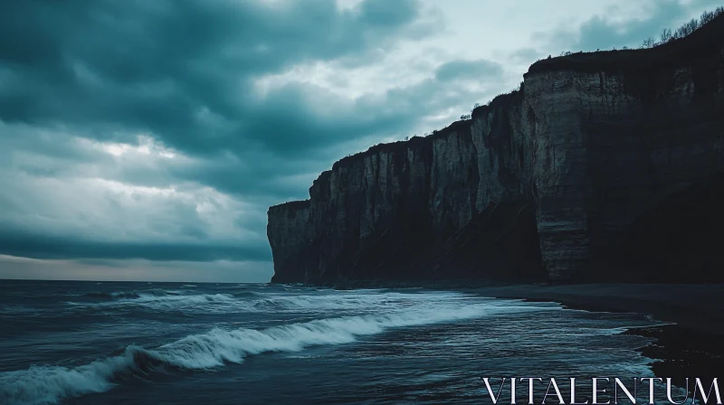 Dramatic Cliffs and Waves under Cloudy Sky at Coastal Area AI Image