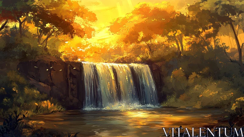 AI ART Sunlit Forest Waterfall