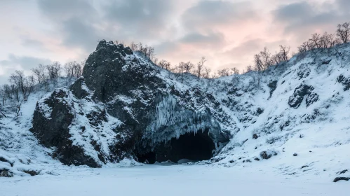 Frozen Cave in Snowy Winter Landscape