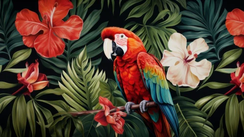 Crimson Parrot amidst Tropical Flowers - Precisionist Art Style