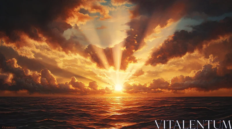 AI ART Golden Sunset Over Ocean with Radiant Sun Rays Breaking Through Clouds