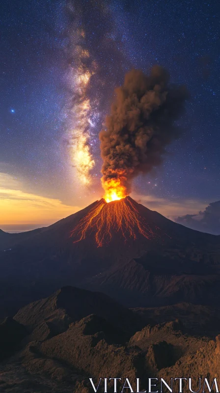 AI ART Volcano Eruption Under Starry Milky Way