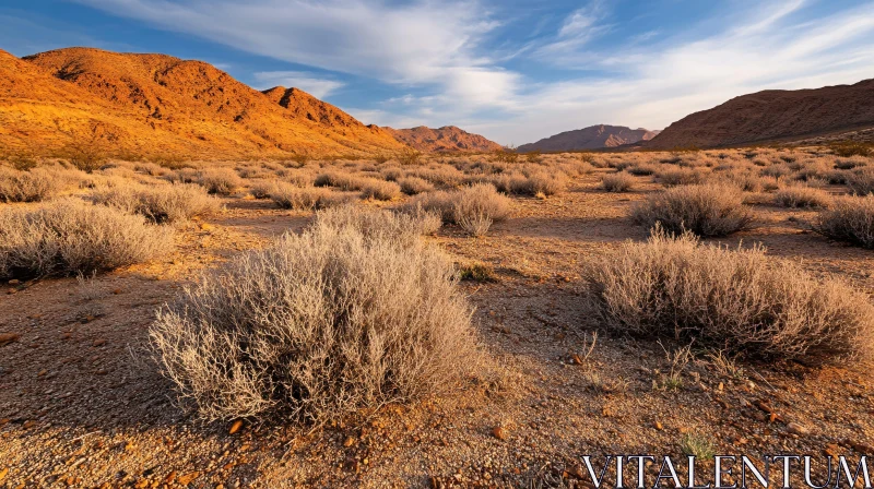 AI ART Arid Desert Scene with Brushwood and Mountains