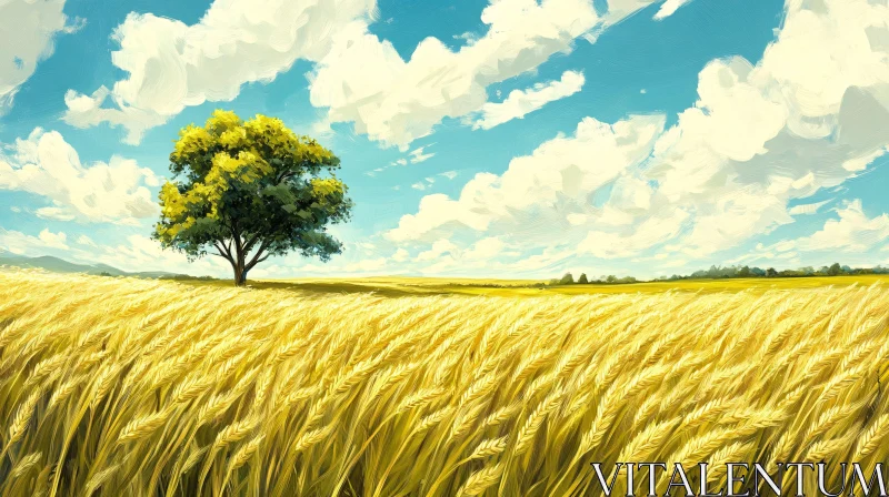 Serene Wheat Field with Lone Tree and Cloudy Sky AI Image