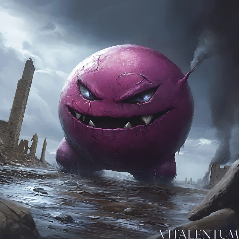 AI ART Monstrous Purple Creature in Ruined Cityscape