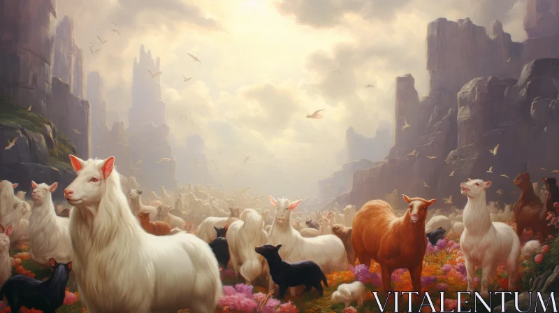 Fantasy-Inspired Artwork: Goats amidst Flowers in a Field AI Image