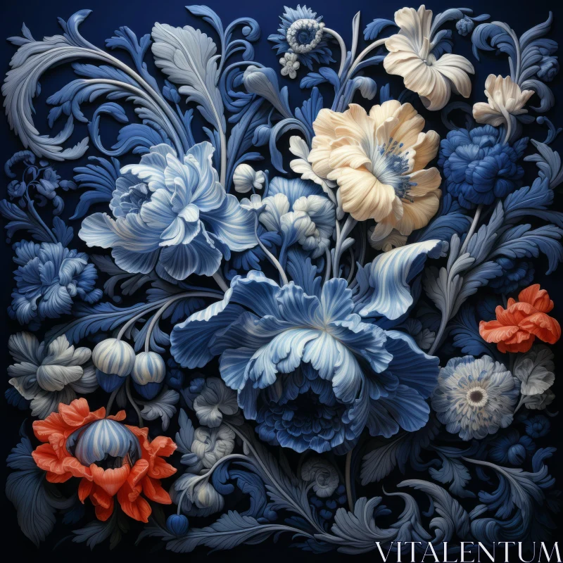 Floral Art on Blue - Baroque Inspired Realistic Sculpture AI Image