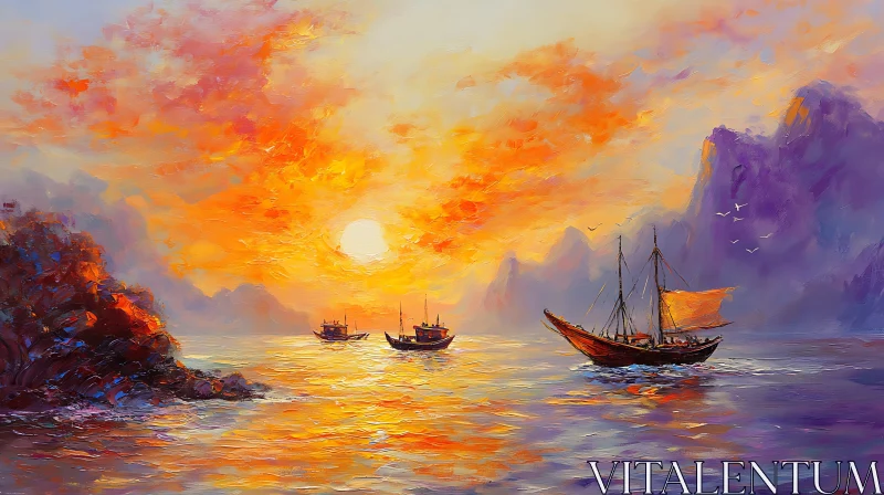 Sailboats at Sunset with Mountainous Backdrop AI Image