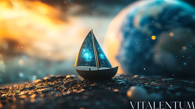 Miniature Sailboat in Surreal Cosmic Setting AI Image