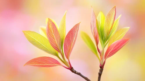 Colorful Leaves on Thin Branches in Soft Light