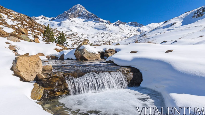 Snow-Covered Mountains and Ice-Capped Stream AI Image