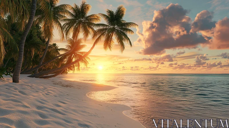 Serene Beach Sunset with Palm Trees and Golden Sun AI Image