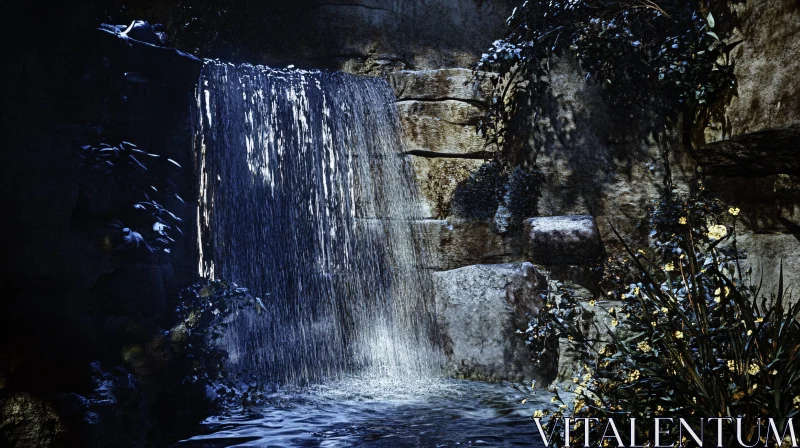 Tranquil Waterfall in Moonlit Landscape AI Image