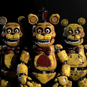 Distressed Animatronic Bears in Dark Setting