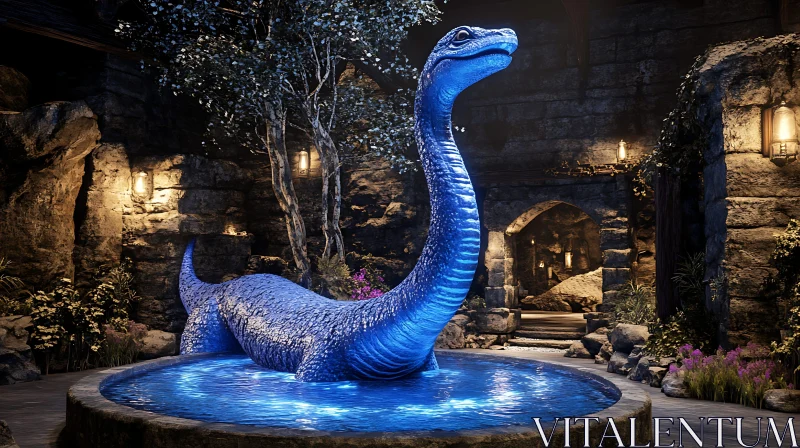 Blue Dinosaur Statue in Enchanted Courtyard AI Image