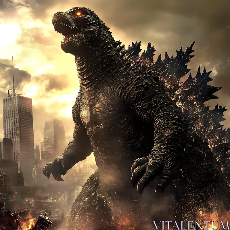 Towering Monster Amidst Urban Destruction AI Image