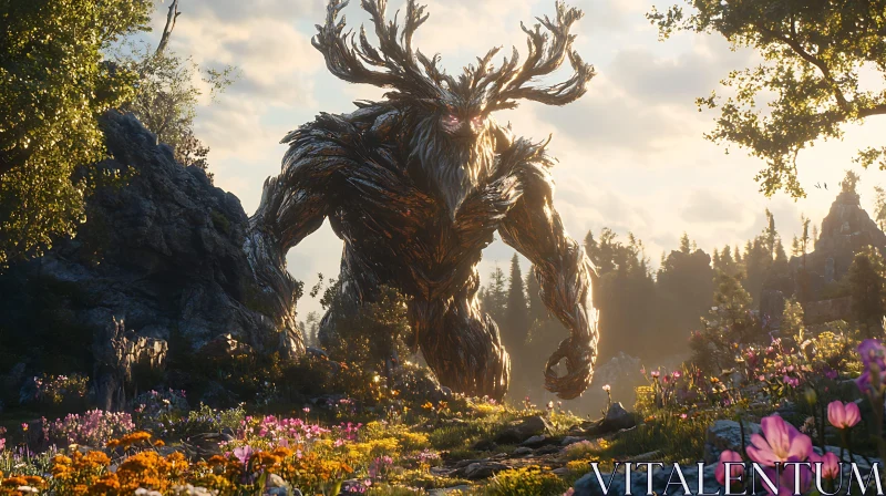 AI ART Mystical Forest Giant Amidst Blooming Flowers