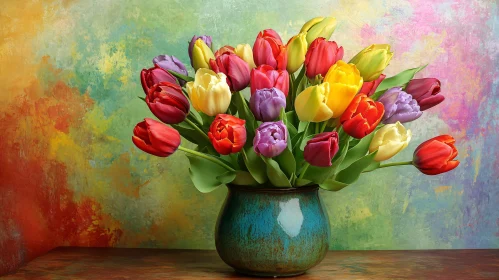 Colorful Tulips in Ceramic Vase