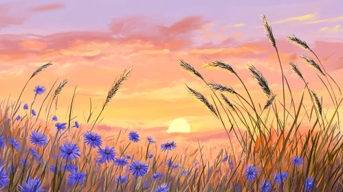 Golden Wheat and Blue Flowers under a Sunset Sky