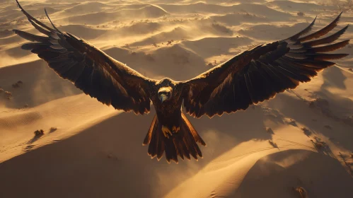 Eagle in Flight Above Sandy Dunes