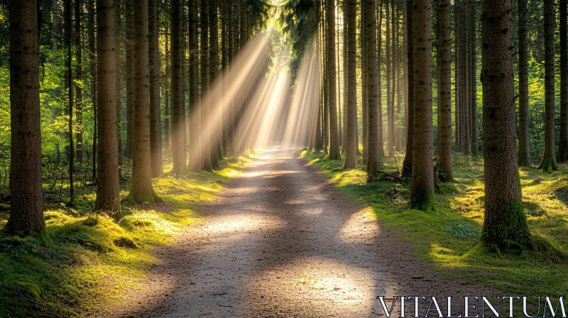 Serene Forest Path with Sun Rays AI Image