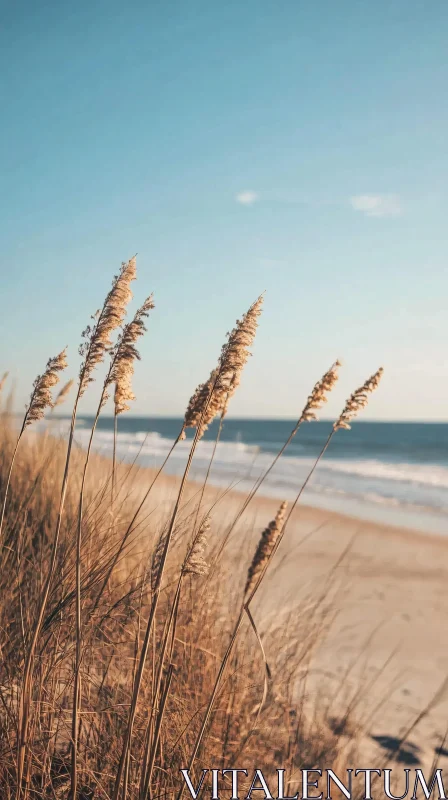 AI ART Peaceful Beach Landscape with Ocean and Grasses