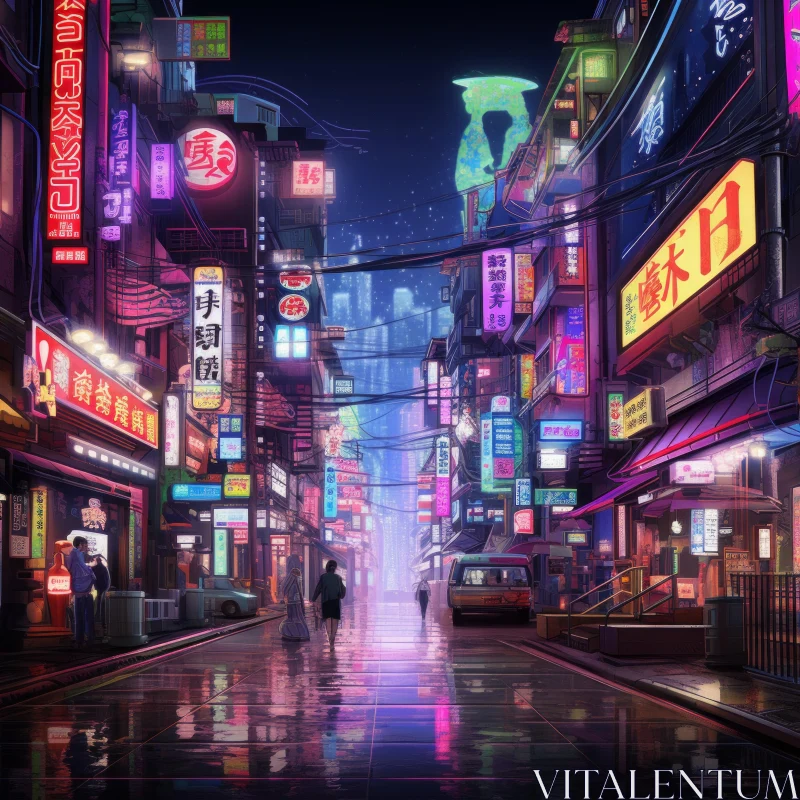 Neon-Lit Urban Landscape: A Fusion of City Night Life and Japanese Art AI Image
