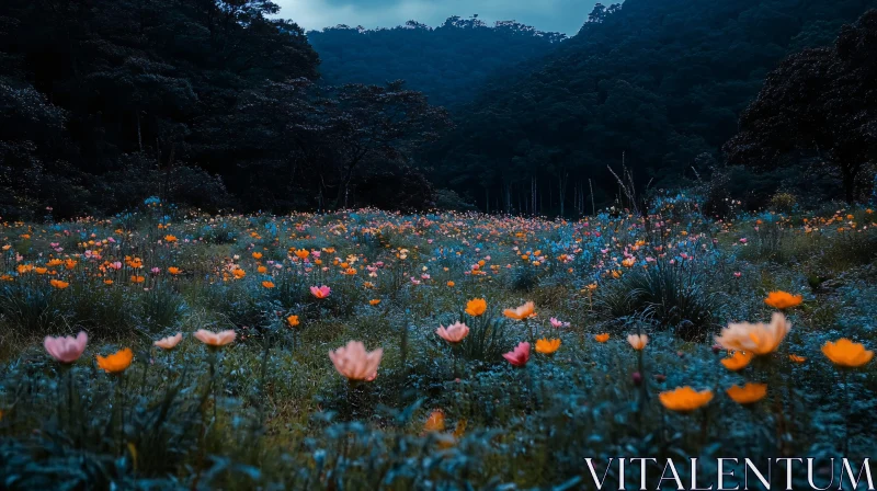 AI ART Magical Wildflowers at Twilight in Mountain Field