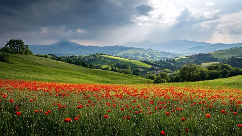 Poppy Field in the Countryside with Hills and Mountains