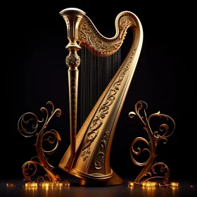 3D Golden Harp on Black Background: Artistic Balance and Harmony