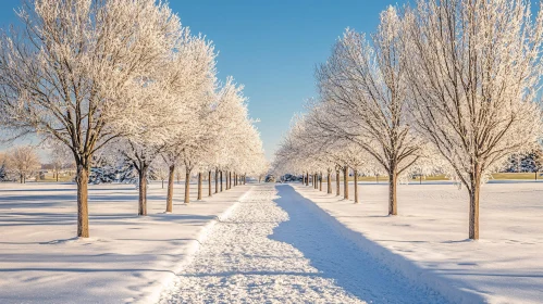 Snowy Path Through Frost-Covered Trees in Winter