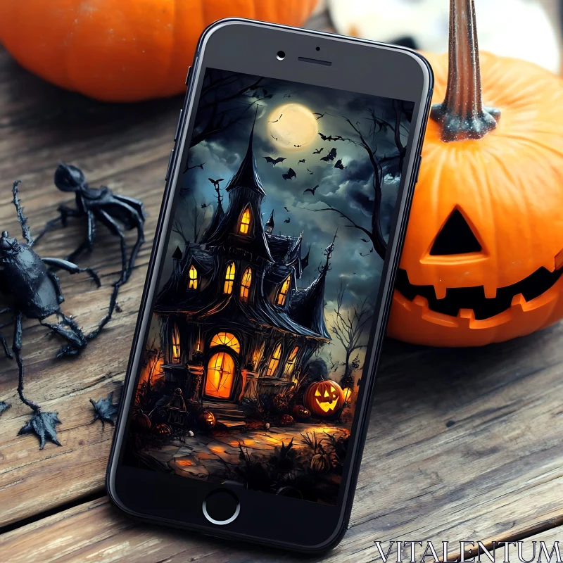 Eerie Halloween Haunted House Displayed on Mobile Phone AI Image