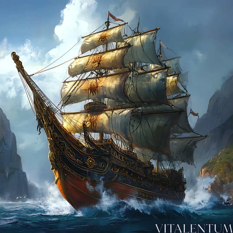 Intricate Sailing Vessel in Oceanic Voyage AI Image