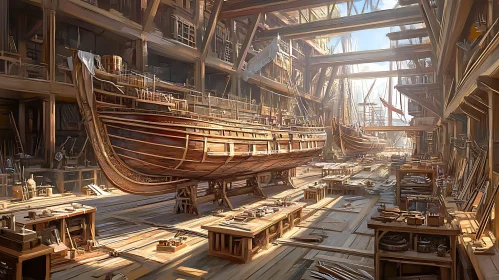 Craftsmanship of Wooden Ships in a Sunlit Workshop