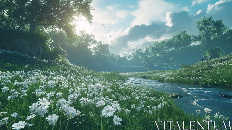 AI ART Idyllic Nature Scene with Sunlit Stream and Blossoms