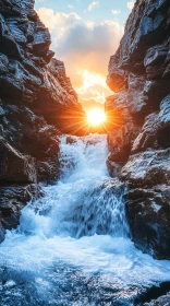 Sunlit Waterfall Amidst Rocky Landscape