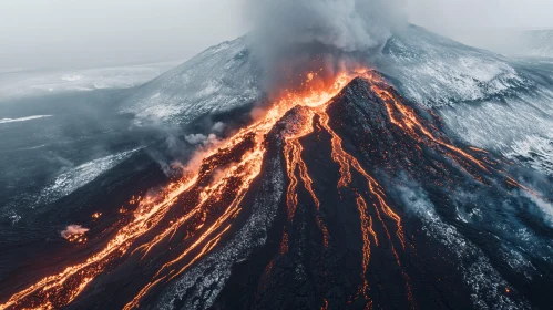 Lava-Filled Volcano Eruption Aerial Capture