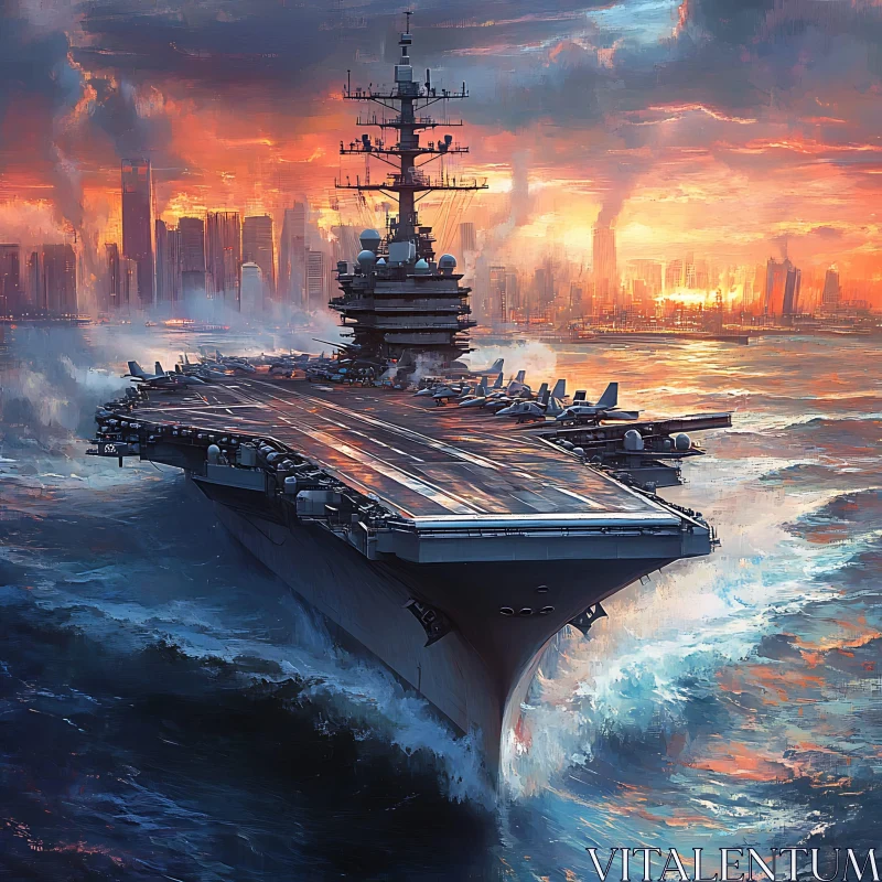 Warship Navigating Ocean at Dusk AI Image