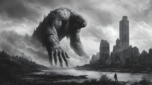 Monochrome Giant Over Desolate City