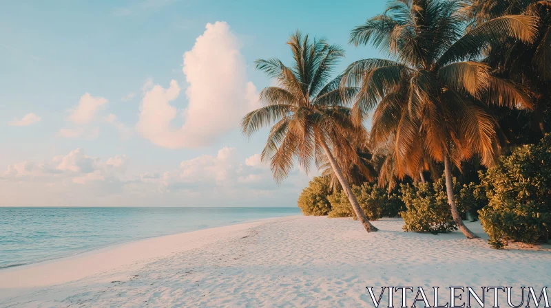 AI ART Peaceful Island Beach with Tall Palms at Dusk