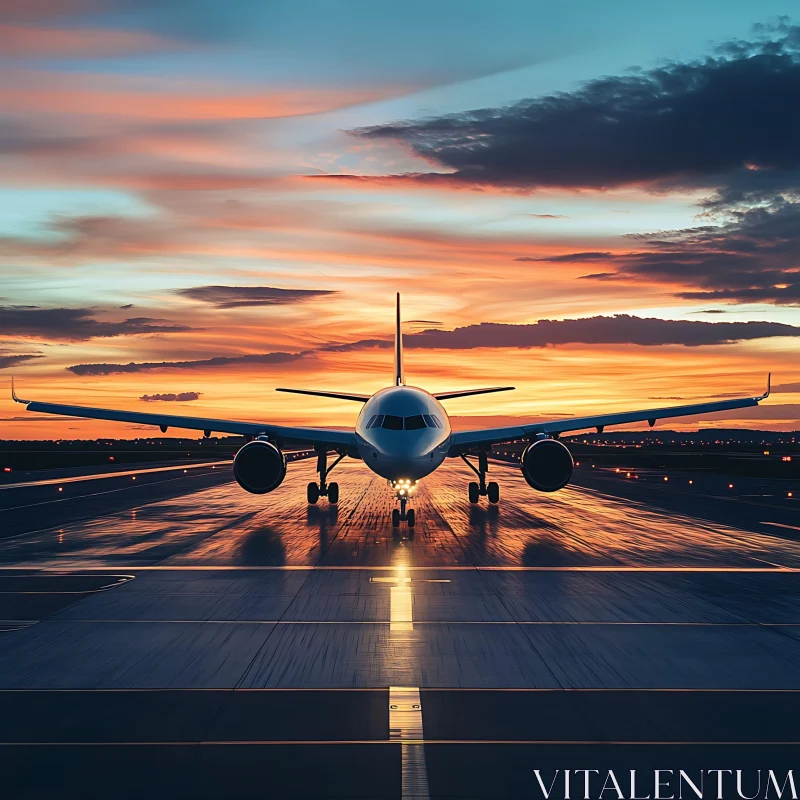 Commercial Airplane at Sunset on Runway AI Image