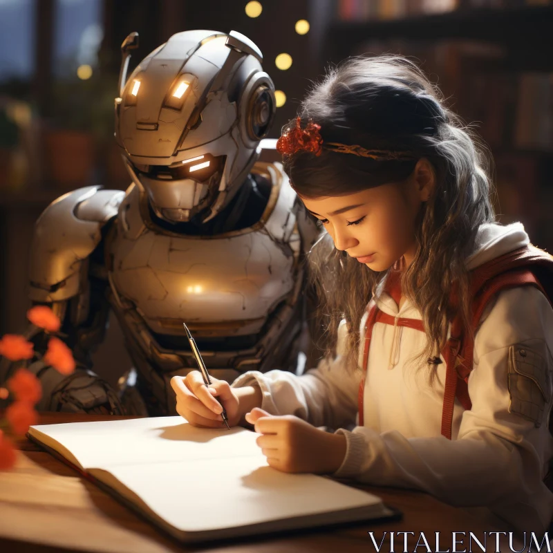 Girl and Robot in Shared Activity - A Cottagecore Encounter AI Image