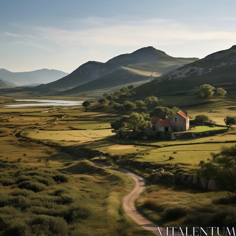 Traditional British Landscape - Country House in Sunlit Valley AI Image
