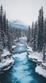 Icy Blue Winter River through Snowy Forest