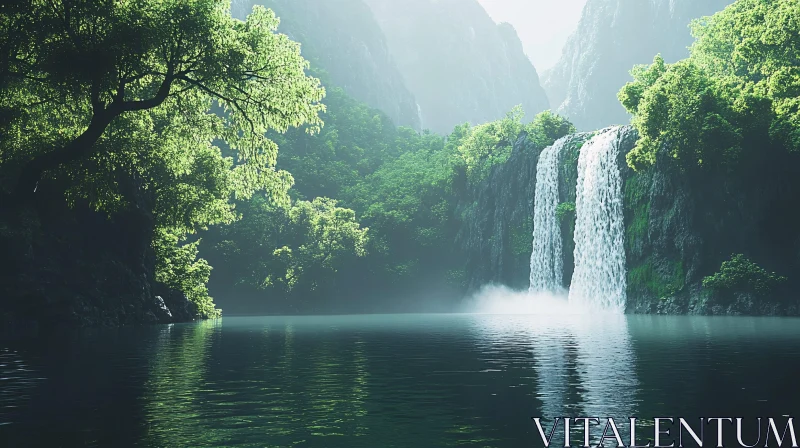 AI ART Tranquil Waterfall in Mountains and Forest