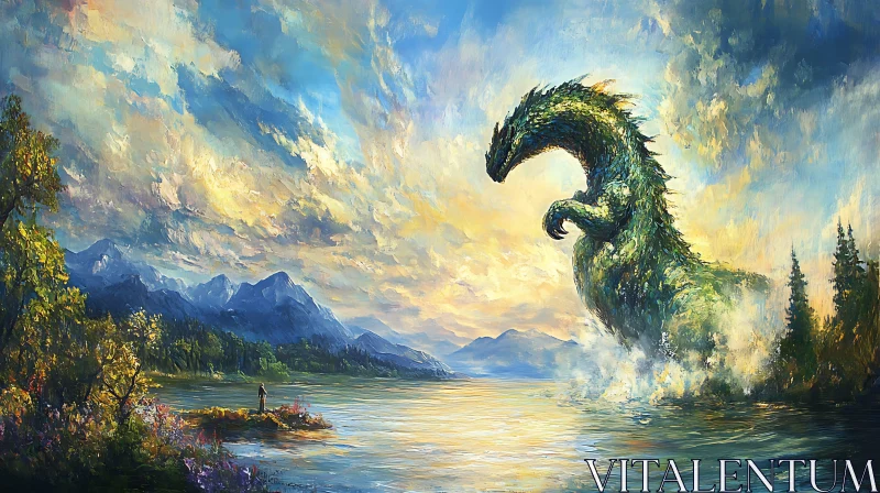 Fantasy Landscape with Mythical Dragon and Sunset AI Image